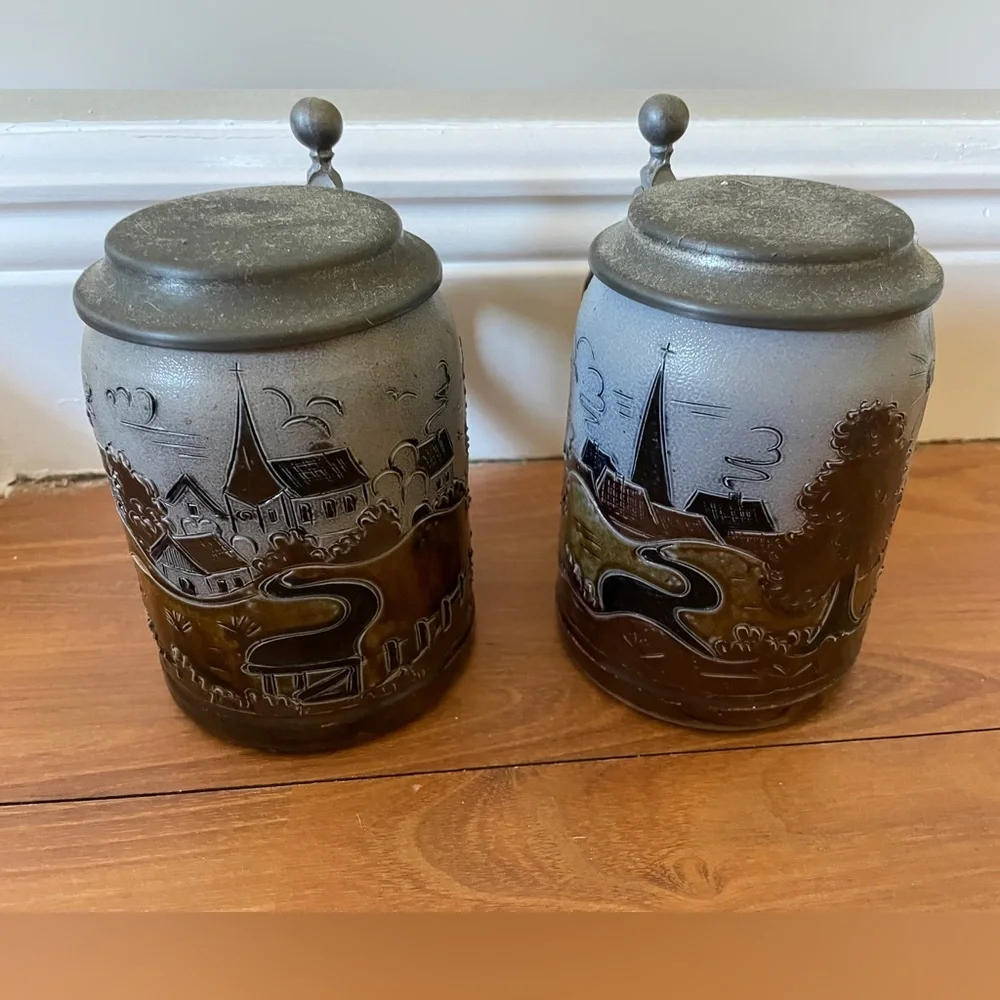 Vintage German Beer Steins / Mugs with Pewter Lids - Handarbeit B.E. - Set of 2